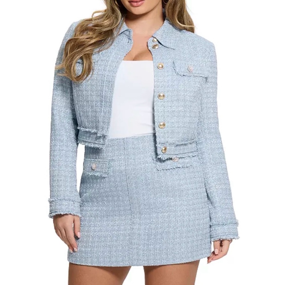 Guess Light Blue Tweed Mini Skirt Set, Size Large
Jacket *NWOT